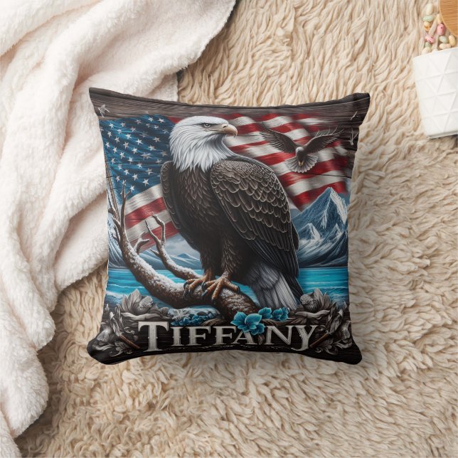 'Eagle on Branch With Flag Background' Cushion (Blanket)