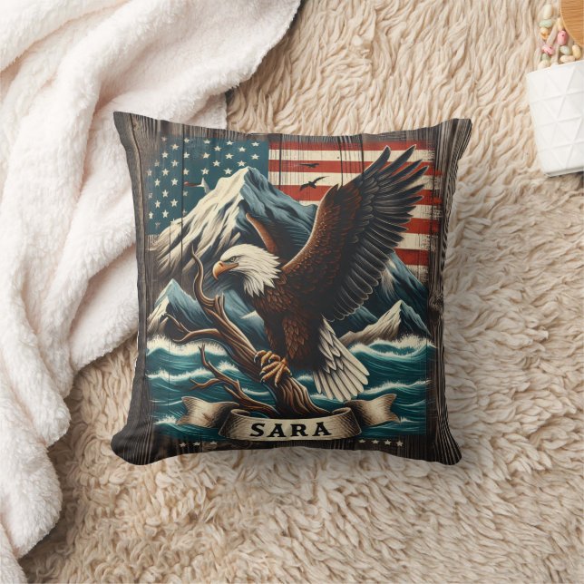 Eagle on Branch With Mountains and Flag Cushion (Blanket)