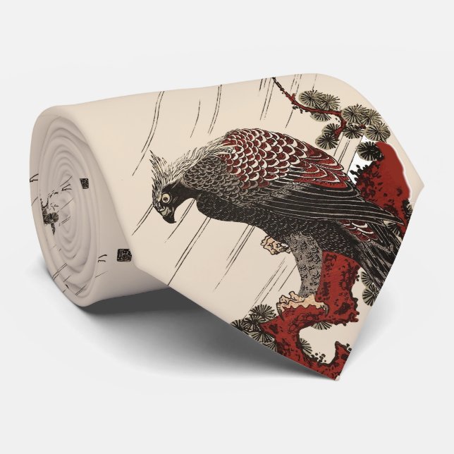 EAGLE ON THE PINE BRANCH IN THE RAIN Ukiyoe Tie (Rolled)