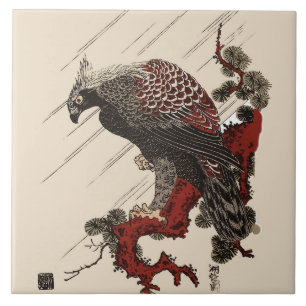 EAGLE ON THE PINE BRANCH IN THE RAIN Ukiyoe Tile