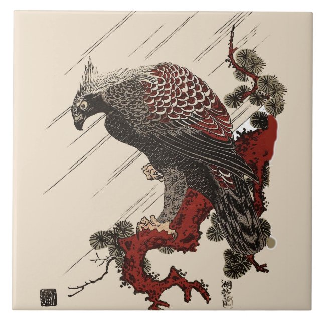 EAGLE ON THE PINE BRANCH IN THE RAIN Ukiyoe Tile (Front)
