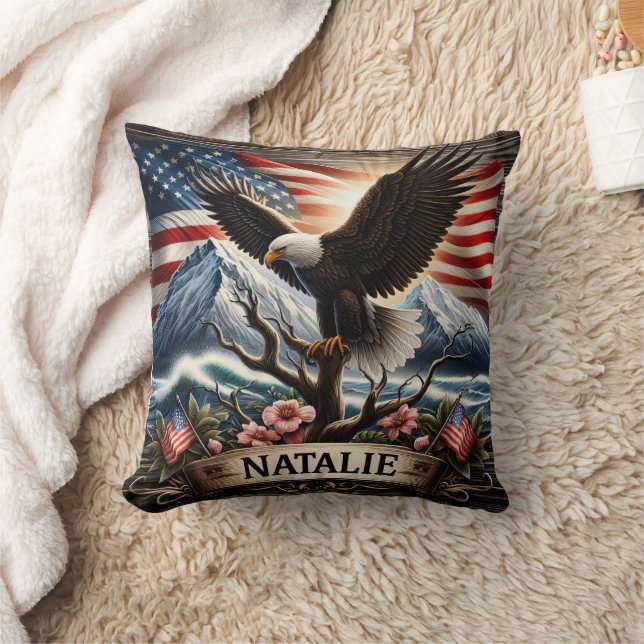Eagle on Tree With Flag Background Cushion (Blanket)