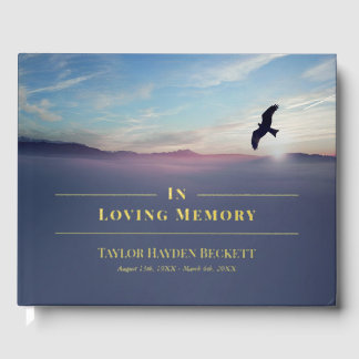 Eagle Over Mountains Blue Memorial Funeral Gold Guest Book