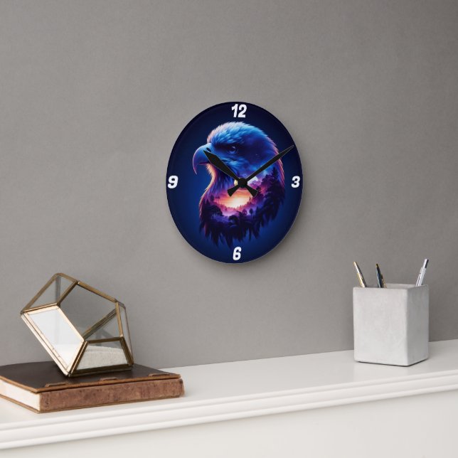 Eagle Overlayed with Mystical Sunset Landscape Round Clock (Office)