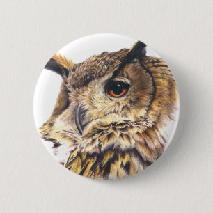 Eagle owl watercolor art button/badge 6 cm round badge