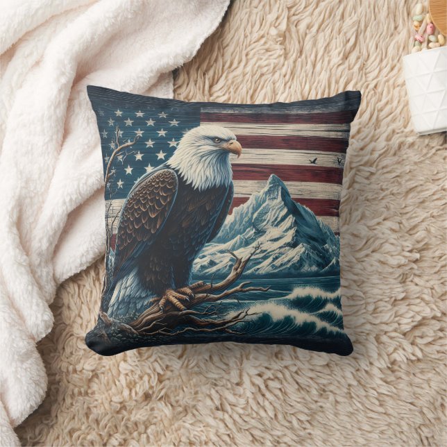 Eagle Perched on a Branch Near Mountains and Waves Cushion (Blanket)