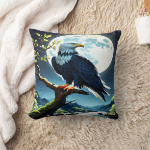 Eagle Perched on a Branch Under Full Moon Cushion