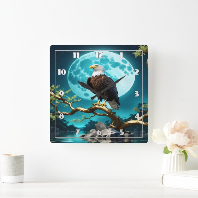 Eagle Perched on a Branch Under Full Moonlight Square Wall Clock (Home)