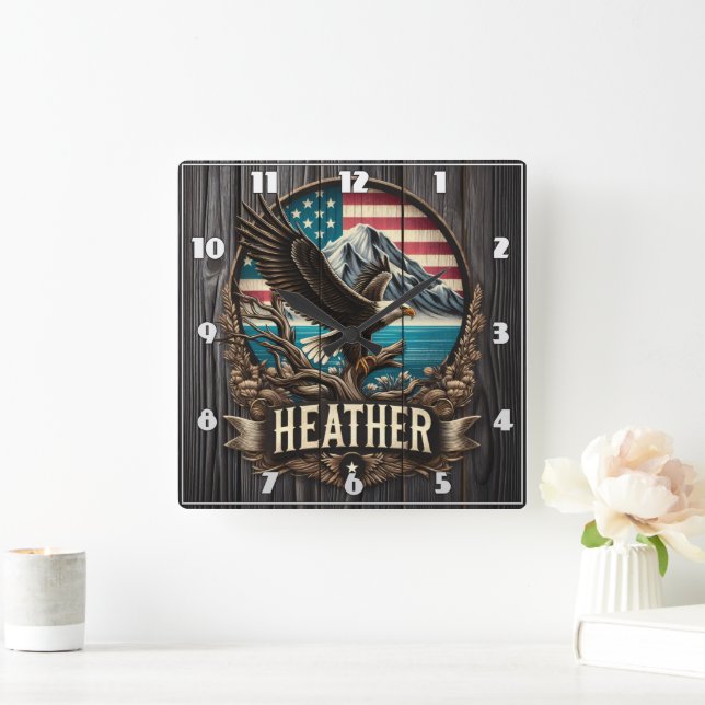 Eagle Perched on Branch Against American Landscape Square Wall Clock (Home)