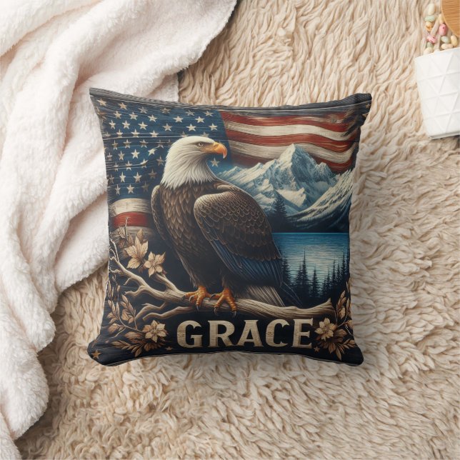 Eagle Perched on Branch Against Mountain Landscape Cushion (Blanket)