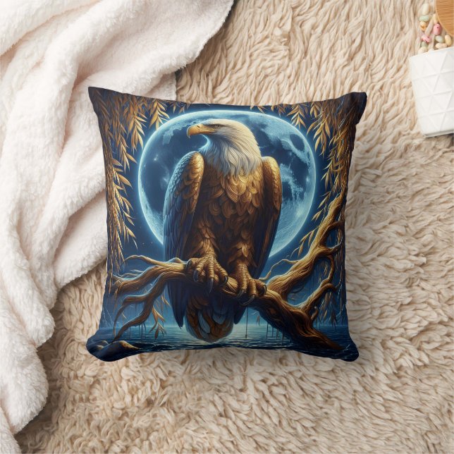 Eagle Perched On Branch Under Full Moon Cushion (Blanket)