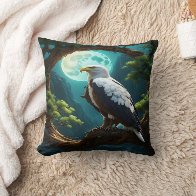 Eagle Perched on Branch Under Full Moon Night Cushion (Blanket)