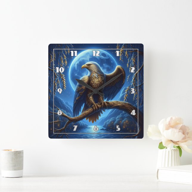 Eagle Perched on Branch Under Full Moon Square Wall Clock (Home)