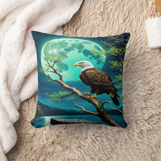 Eagle Perched on Branch Under Full Moonlight Cushion (Blanket)