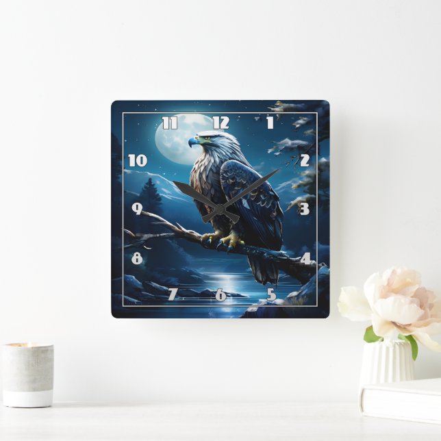 Eagle Perched on Branch Under Full Moonlight Square Wall Clock (Home)