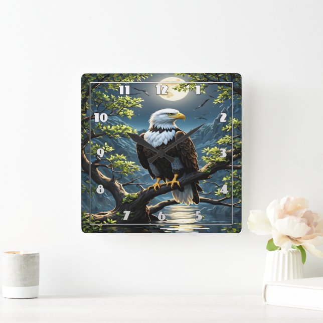 Eagle Perched on Branch Under Full Moonlight Square Wall Clock (Home)