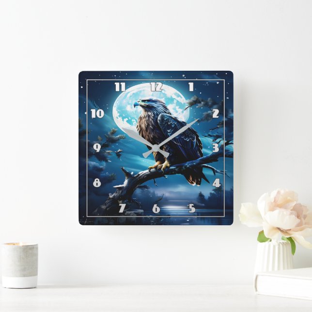 Eagle Perched on Branch Under Moonlight Square Wall Clock (Home)