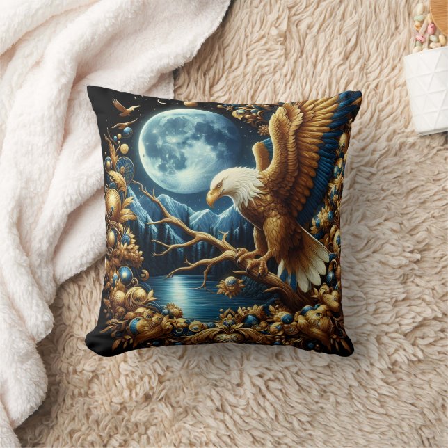 Eagle Perched on Branch Under Moonlit Sky Cushion (Blanket)