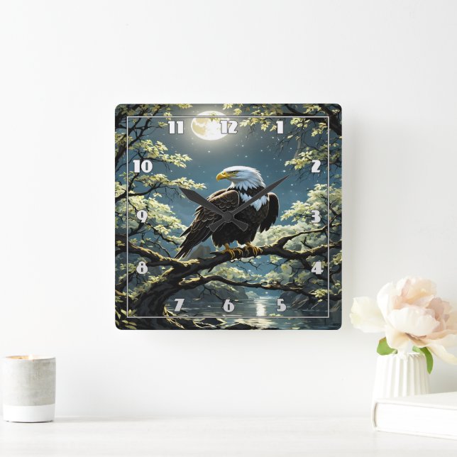 Eagle Perched on Branch Under Moonlit Sky Square Wall Clock (Home)