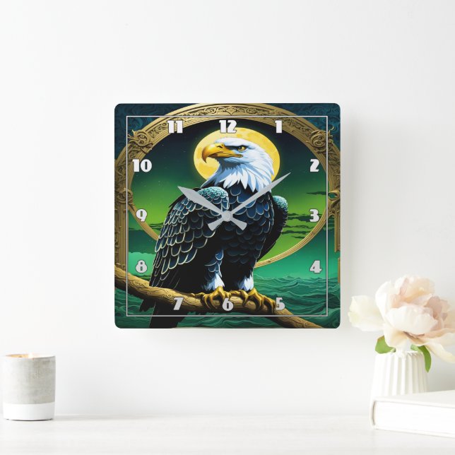 Eagle Perched on Branch Under Moonlit Sky Square Wall Clock (Home)