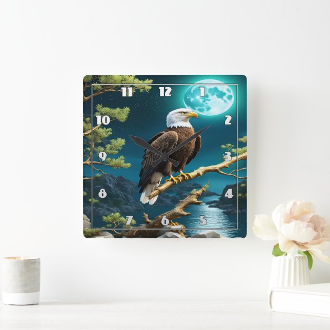 Eagle Perched on Branch Under Night Sky Square Wall Clock (Home)
