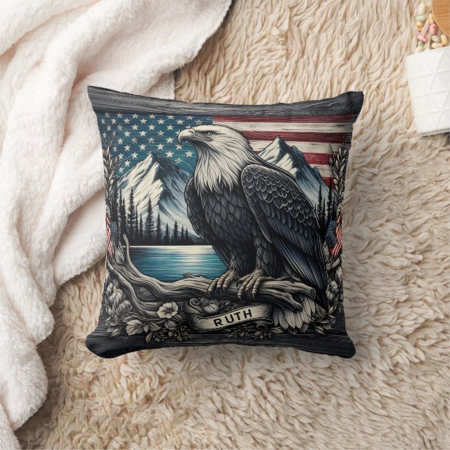 Eagle Perched on Branch With Mountain Backdrop Cushion (Blanket)