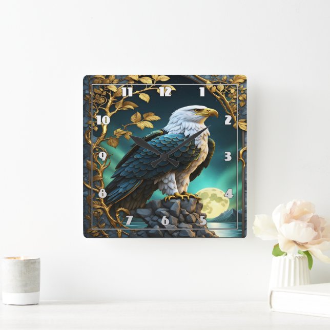 Eagle Perched on Rock by Moonlit Lake Square Wall Clock (Home)