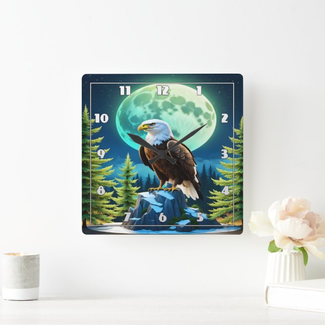 Eagle Perched on Rock Under Full Moon Square Wall Clock (Home)