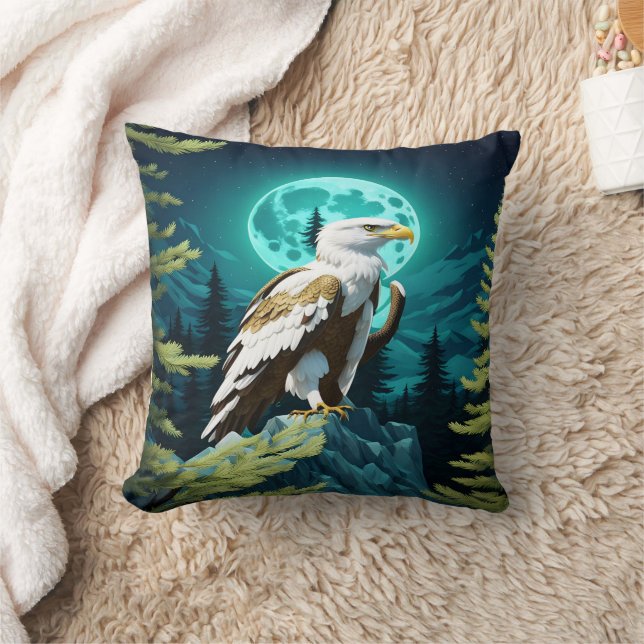 Eagle Perched on Rock Under Moonlit Sky Cushion (Blanket)
