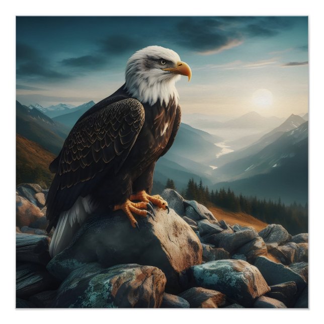 Eagle Perched on Rocky Terrain Poster (Front)
