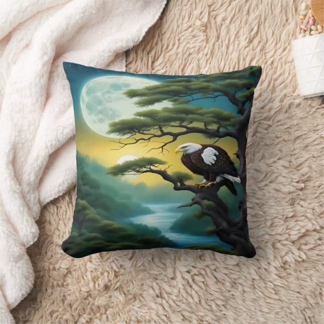 Eagle Perched on Tree Branch Under Full Moon Cushion (Blanket)