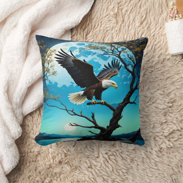 Eagle Perched on Tree Branch Under Full Moon Cushion (Blanket)
