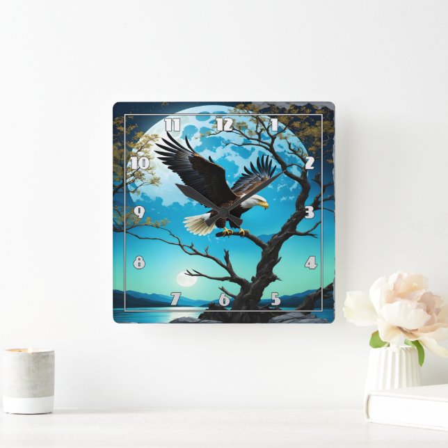 Eagle Perched on Tree Branch Under Full Moon Square Wall Clock (Home)