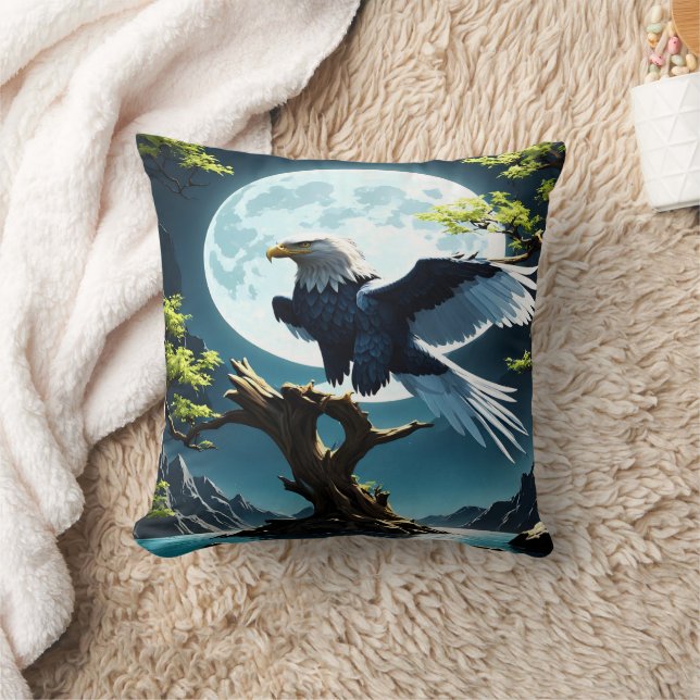 Eagle Perched on Tree Branch Under Moonlight Cushion (Blanket)
