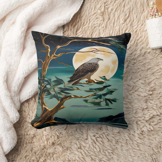 Eagle Perched on Tree Under Full Moon Night Cushion (Blanket)