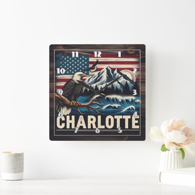 Eagle Perched Over Mountain Landscape With Waves Square Wall Clock (Home)