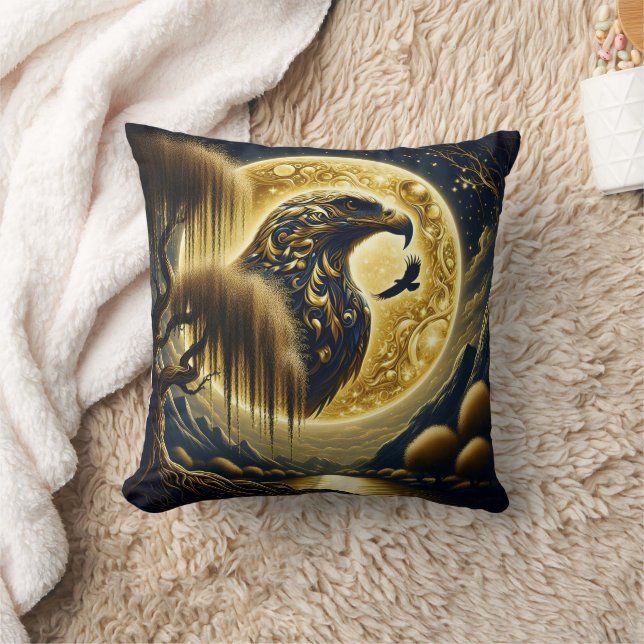 Eagle Perched Under Golden Moonlight Cushion (Blanket)