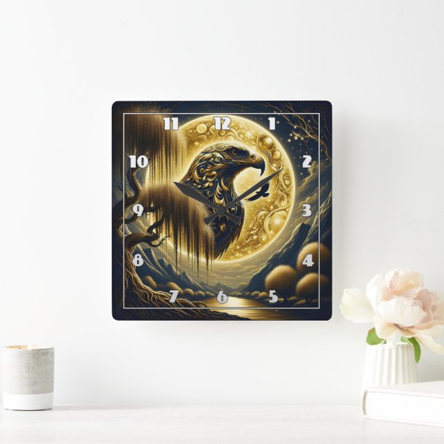 Eagle Perched Under Golden Moonlight Square Wall Clock (Home)
