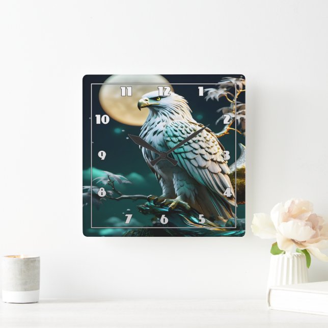 Eagle Perched Under Moonlit Sky at Night Square Wall Clock (Home)