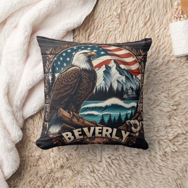 Eagle Perched With Mountains and Flag Background Cushion (Blanket)