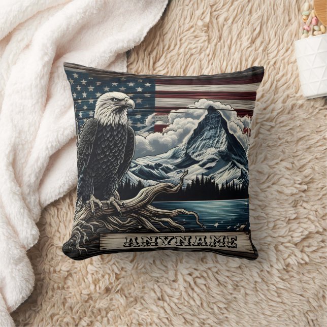 Eagle Perched With Mountains and Flag Background Cushion (Blanket)