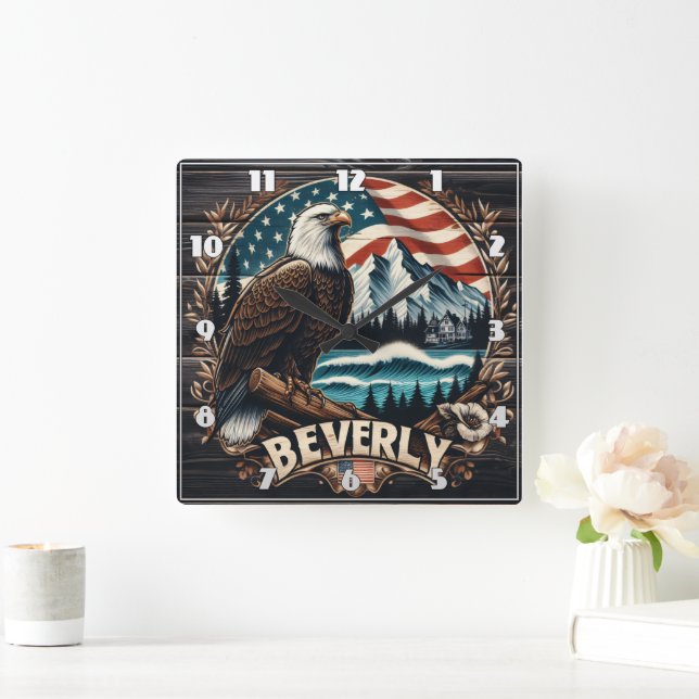 Eagle Perched With Mountains and Flag Background Square Wall Clock (Home)