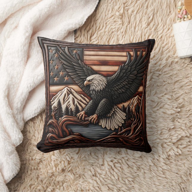 Eagle Relief Carving With American Flag Background Cushion (Blanket)