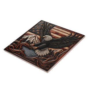 Eagle Relief Carving With American Flag Background Tile