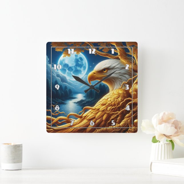 Eagle Resting on a Branch Under Moonlight Square Wall Clock (Home)