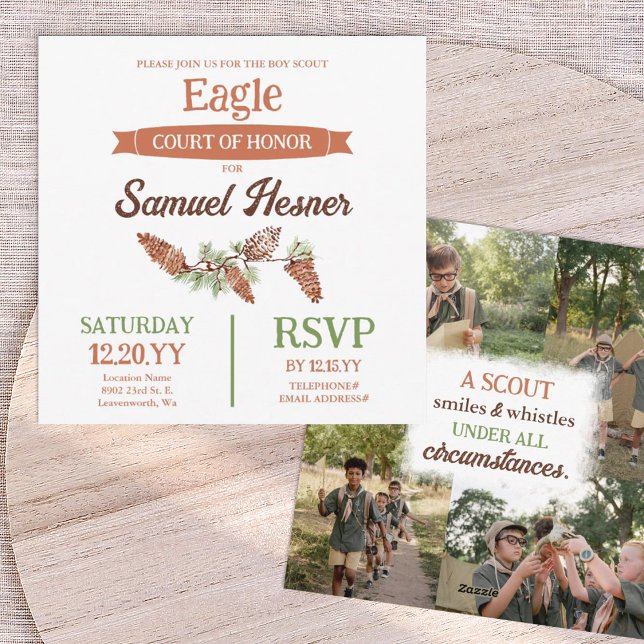 Eagle Scout Court of Honor Announcement, Pinecones Invitation (eagle scout court of honor invitation with pinecones and pine needles, photo collage on back)