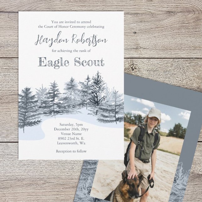 Eagle Scout, Court of Honor, Gray Forest Trees Invitation (Gray Eagle Scout Court of Honor Invitation with Rustic Pine Trees and Photo on Back)