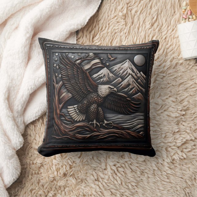 Eagle Sculpture With Mountain and Flag Design Cushion (Blanket)