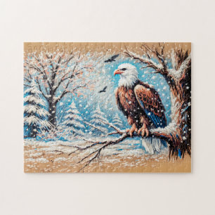 Eagle Sitting on Tree During Snowfall in Winter Jigsaw Puzzle