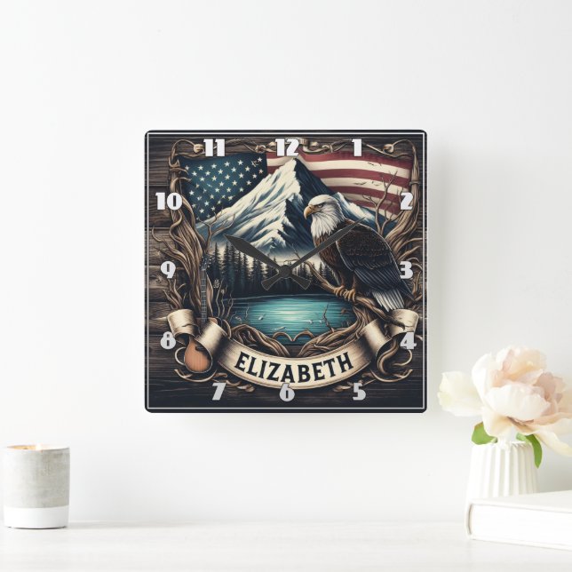 Eagle Soaring With Mountain and Flag Square Wall Clock (Home)